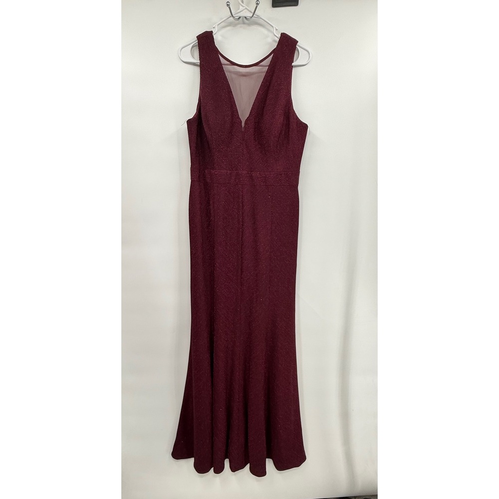 Nightway 14 Evening Gown Womens Burgundy Metallic V-Neck Mesh Inset Formal Dress